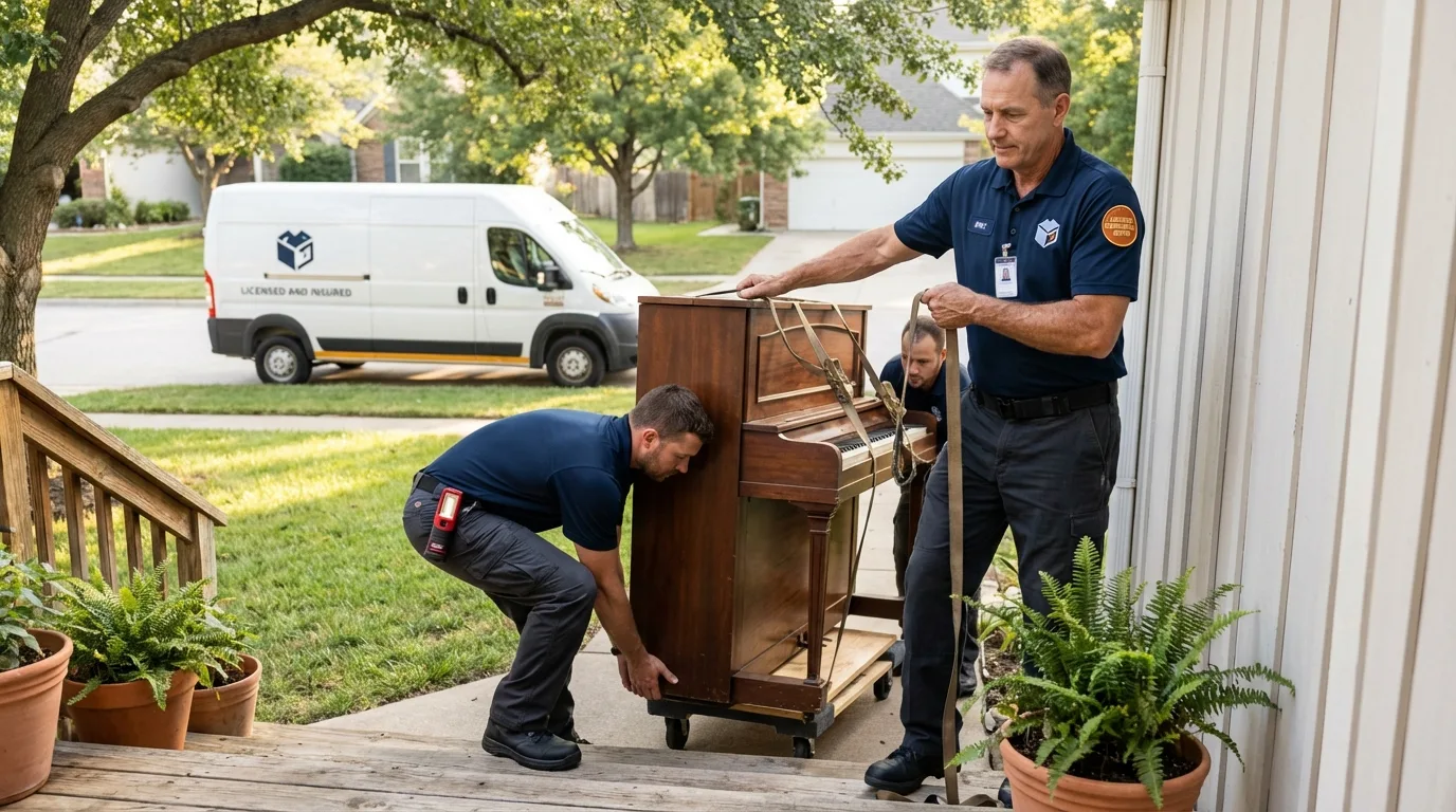 Licensed piano movers securing grand piano in Dover Plains, NY
