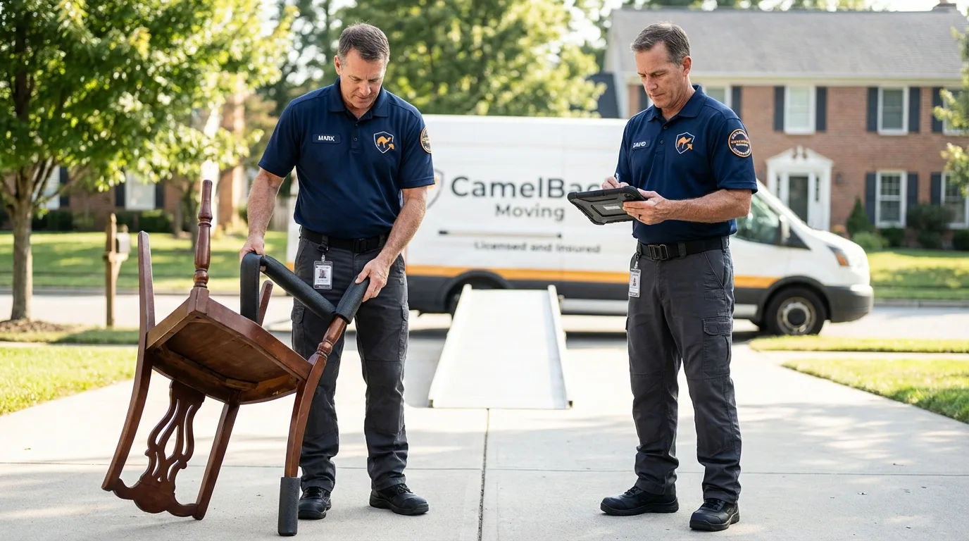 Movers inspecting furniture for damage prevention before loading in Dover Plains, NY
