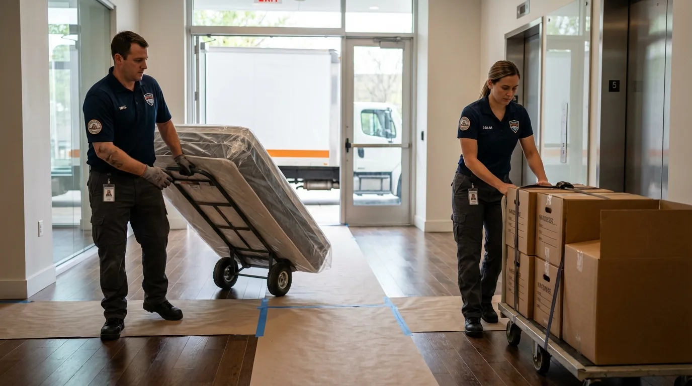 Professional apartment movers loading elevator in Dover Plains, NY
