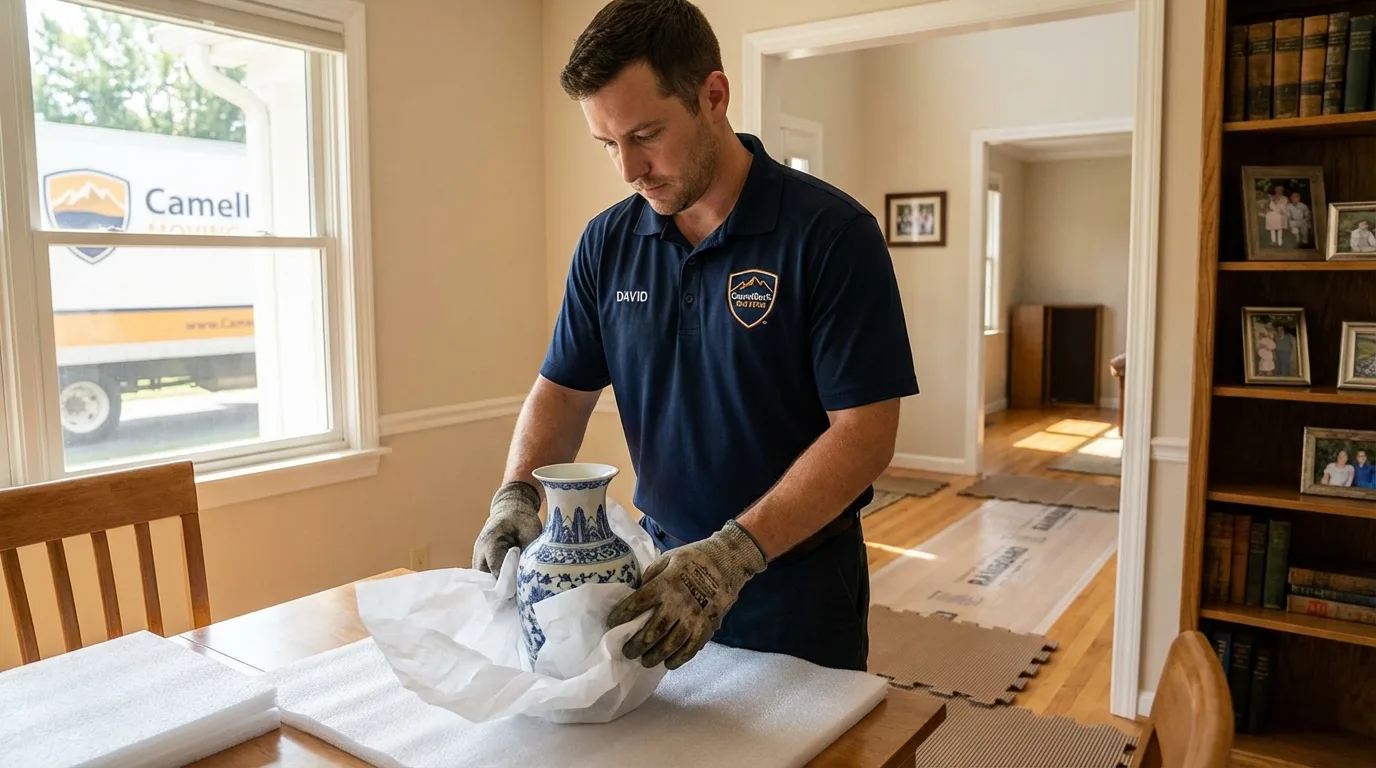 Professional crew carefully wrapping antique vase for senior downsizing move in Dover Plains, NY